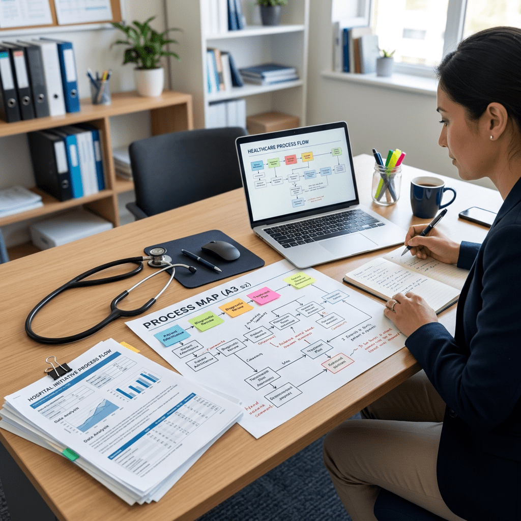 Person analyzing healthcare process flow charts at office desk